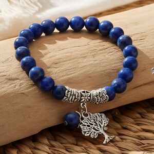 Enchanting Genuine Lapis Lazuli Stones Beaded Bracelet and Tree of Life Charm